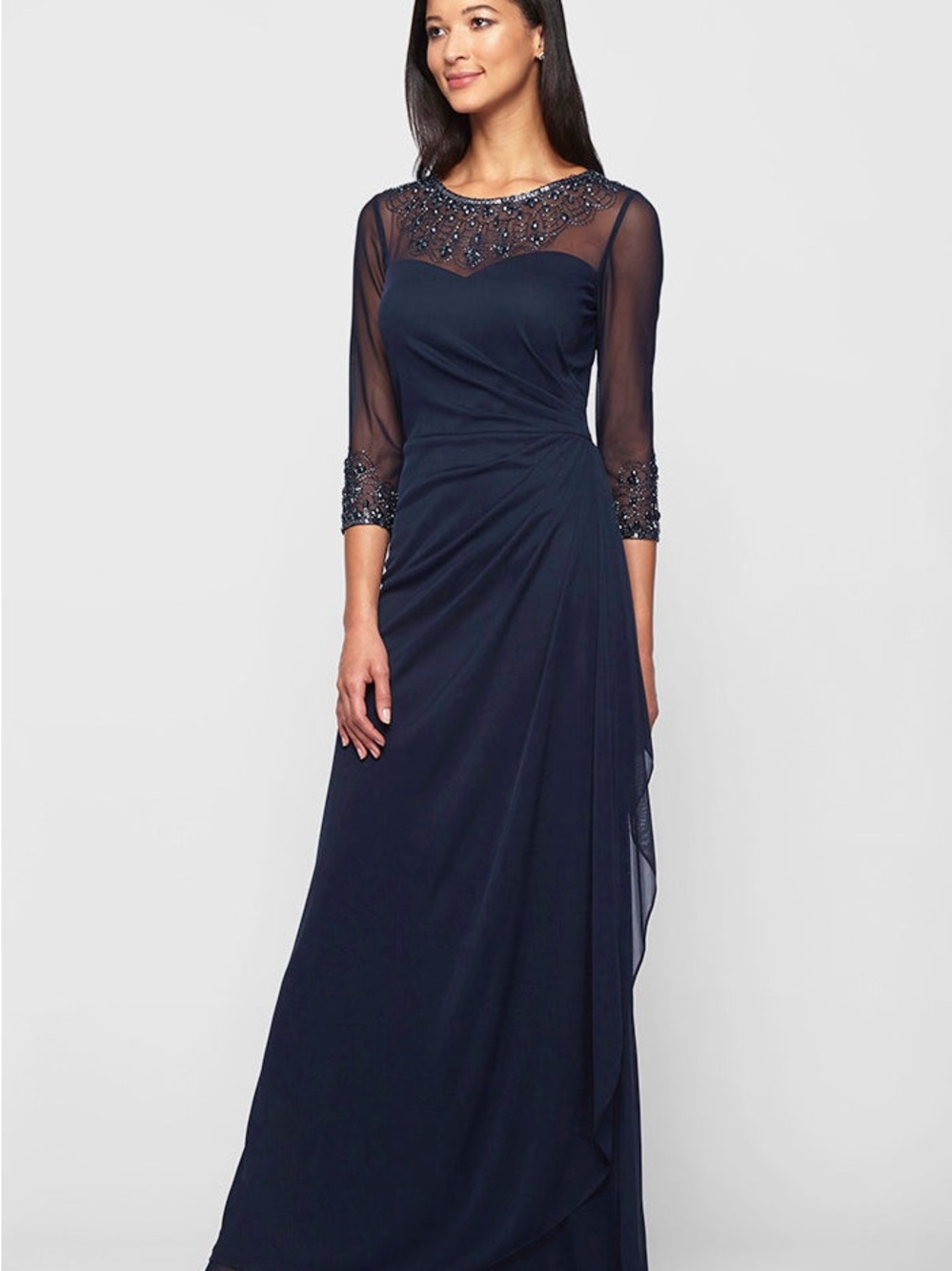 Patra Navy Beaded Illusion Neck Maxi Dress NWT